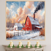Red Barn in Winter – Snowy Farm Landscape with Horse and Carriage on Ready to Hang 1.5" Thick Canvas Wrap, Floating Framed Canvas, Flat Rolled Canvas